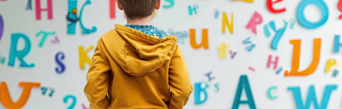 La dislessia: bambino fissa muro con lettere senza senso