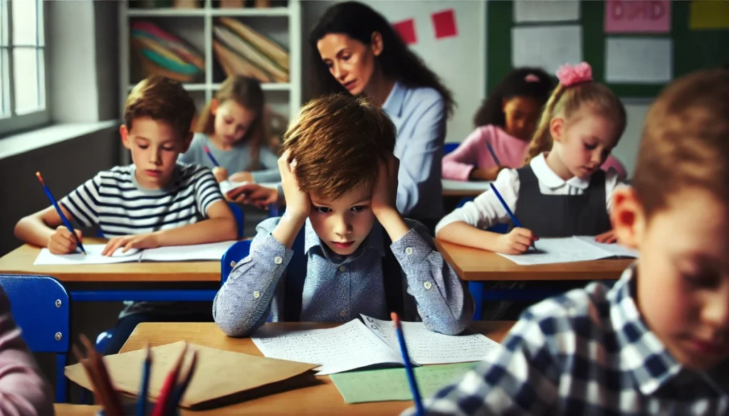 Bambino iperattivo in classe che fatica a concentrarsi, con l'insegnante che lo aiuta