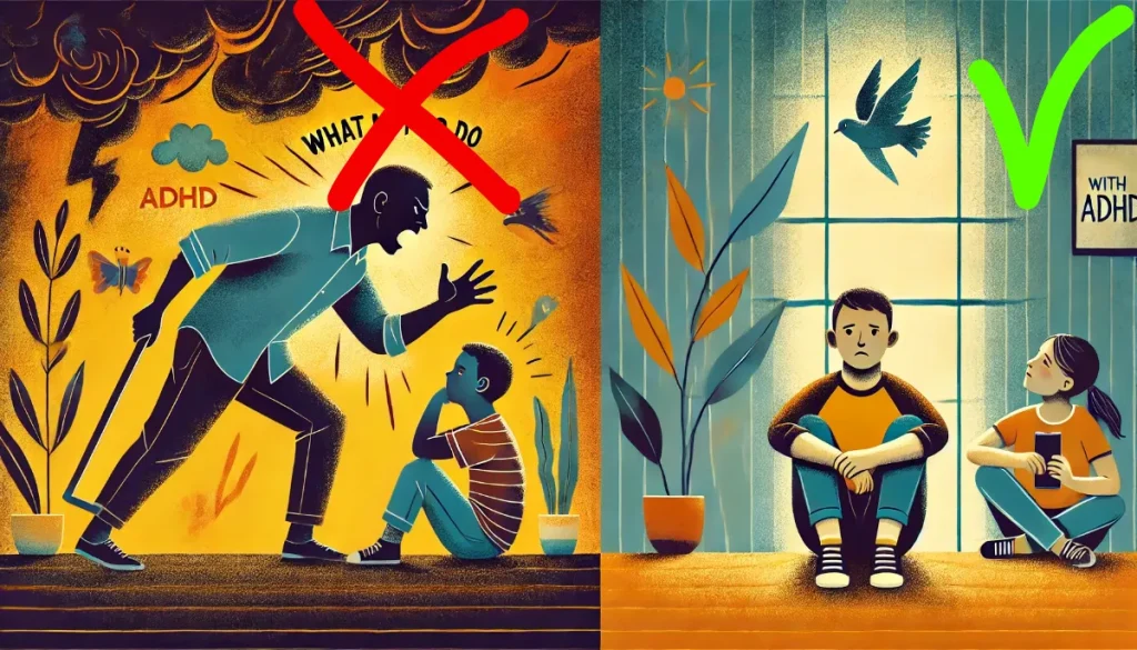 Immagine divisa che mostra cosa non fare a sinistra, con un genitore che rimprovera un bambino con ADHD, e cosa fare a destra, con un genitore che aiuta propositivamente il bambino.