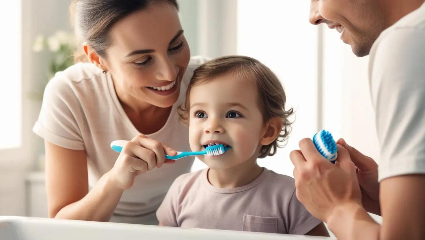 Genitore Aiuta Figlio a lavarsi i denti: cura personale