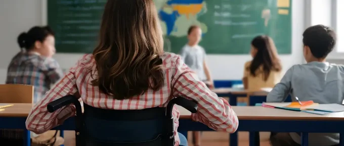 Didattica Inclusiva: Alunna in aula segue lezione su sedia a rotelle